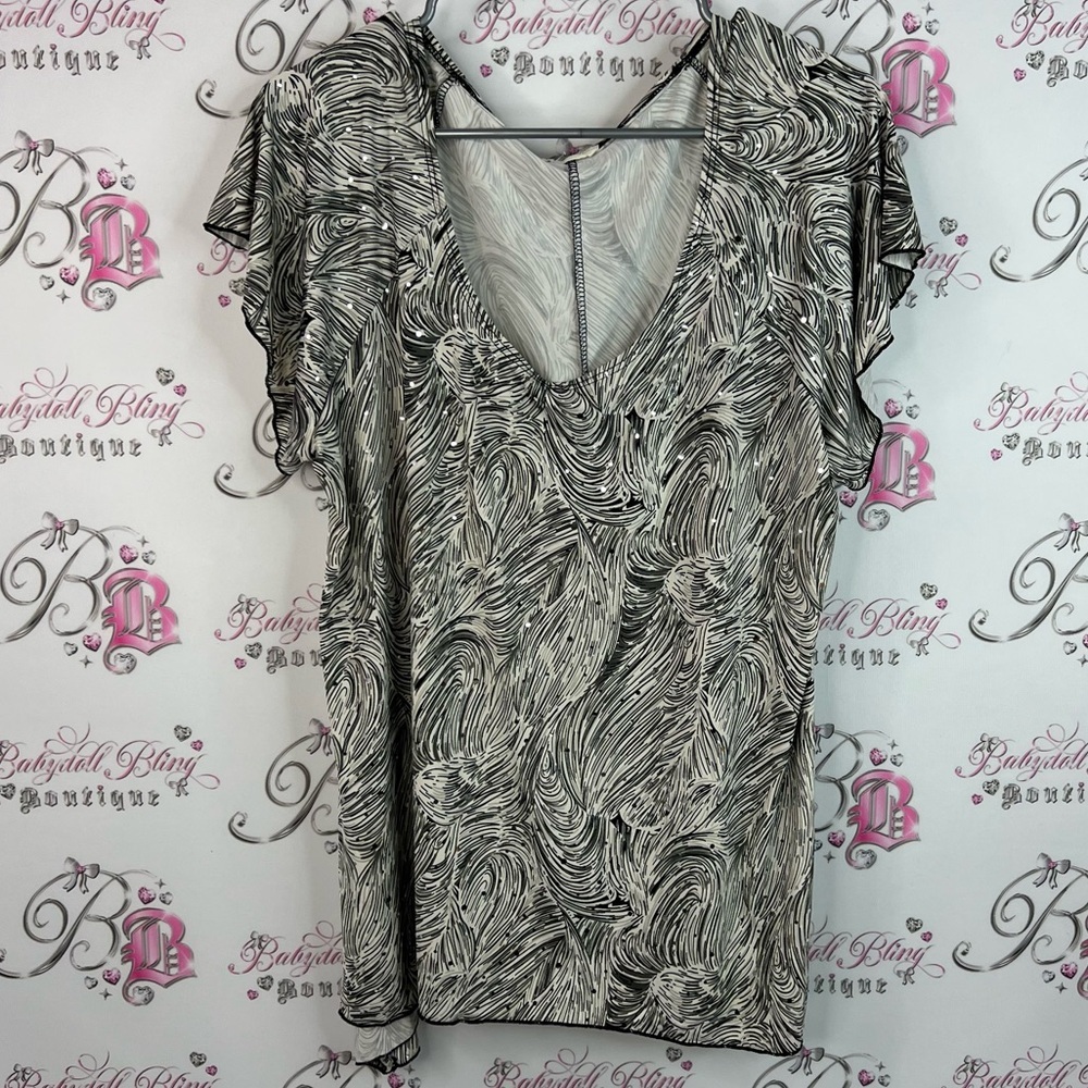 Brittany Black tshirt holographic dotted sparkly silver Monochrome Swirl Blouse